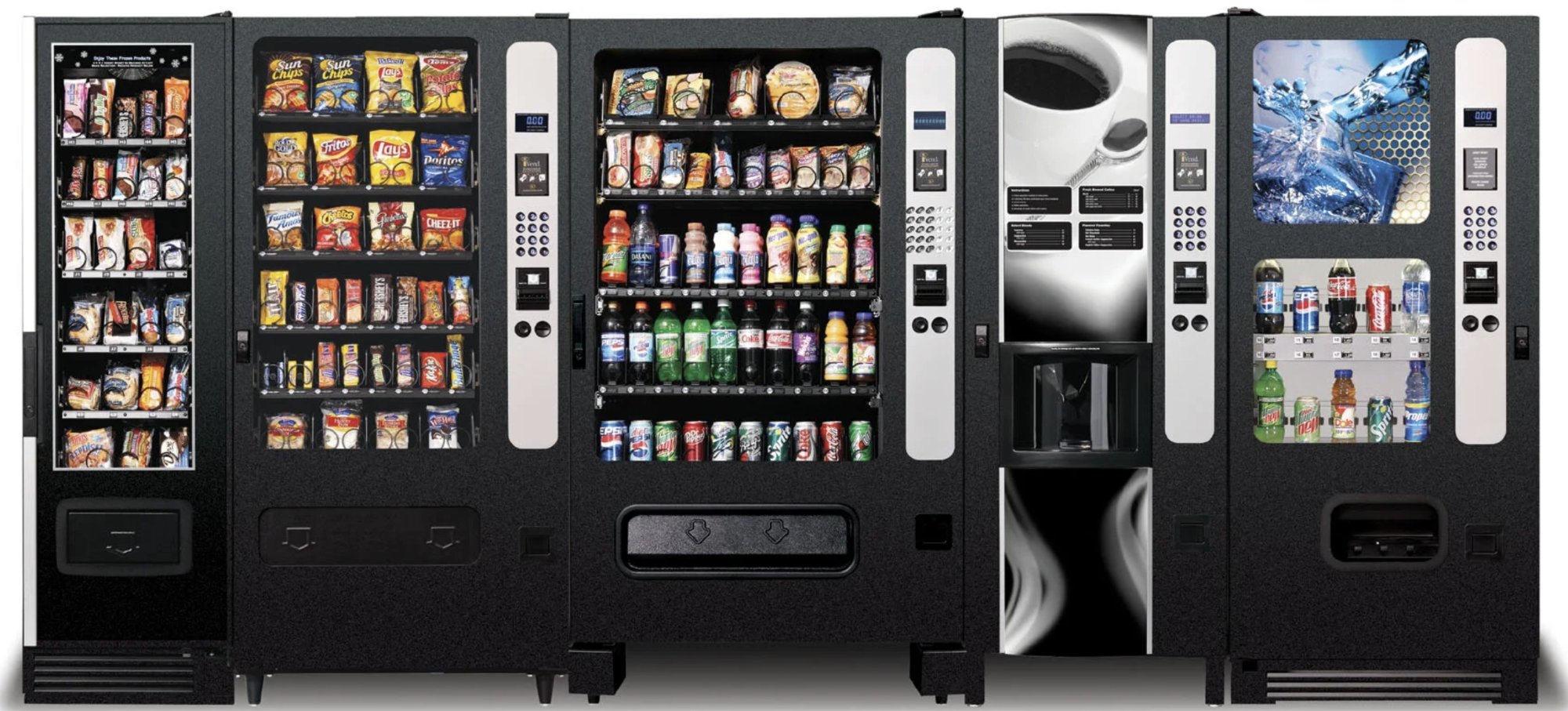 Vending machine stocked with snacks and drinks